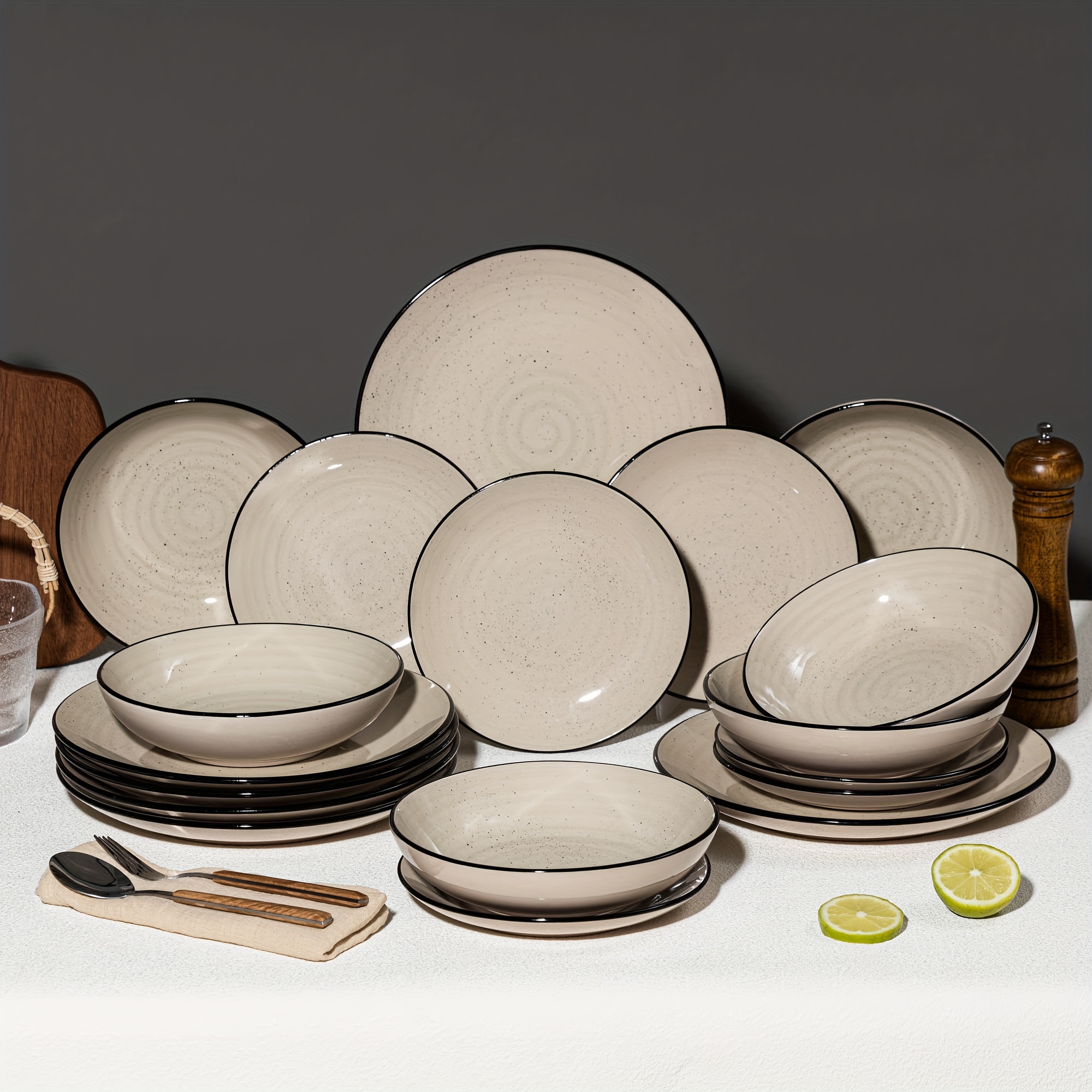 

18-piece Stoneware Dinnerware Set For 6, Handpainted Spirals Pattern Ceramic Combination Set With 10.5in Dinner Plate, 7.5in Dessert Plate And 27oz Soup Bowl