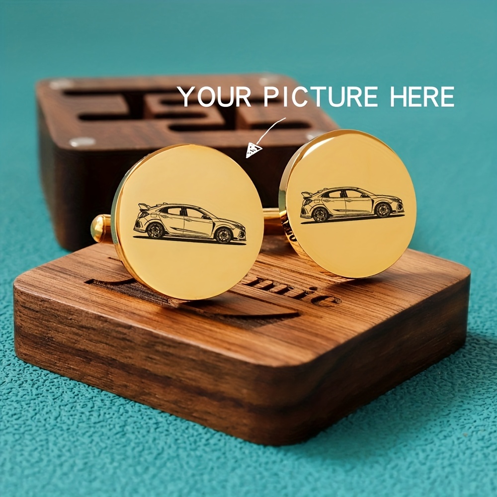 TEMU Customize Your Cufflinks, Personalized Private Logo Cufflinks, Stainless Steel Photo Cufflinks, Black Printed Geometric Round Photo Cufflinks, A