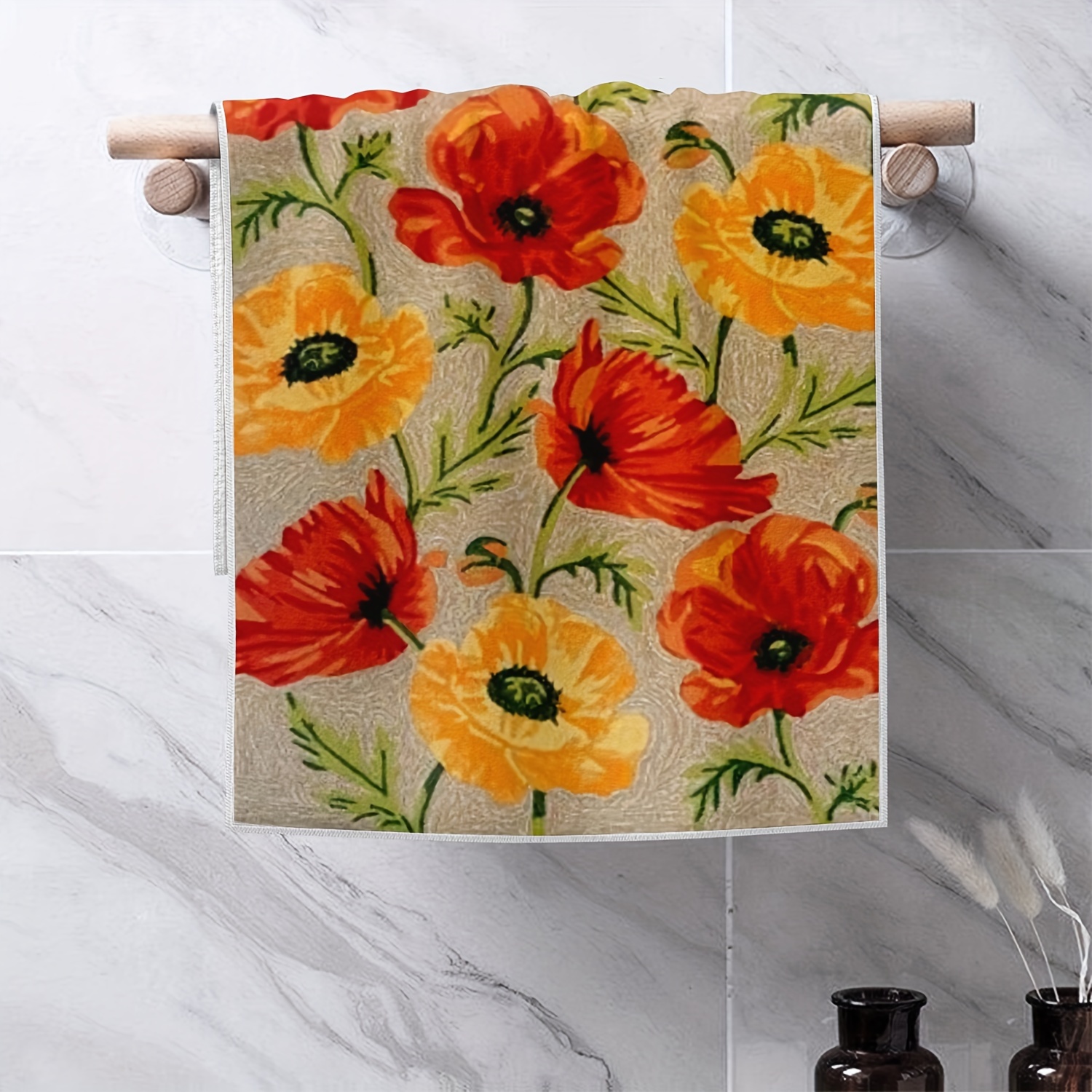

2-piece Microfiber Dish Towels Set - Contemporary Floral Kitchen Towel Set, Machine Washable, Ultra Fine Knit Fabric, Oblong Shape, Painterly Poppy Flower Theme