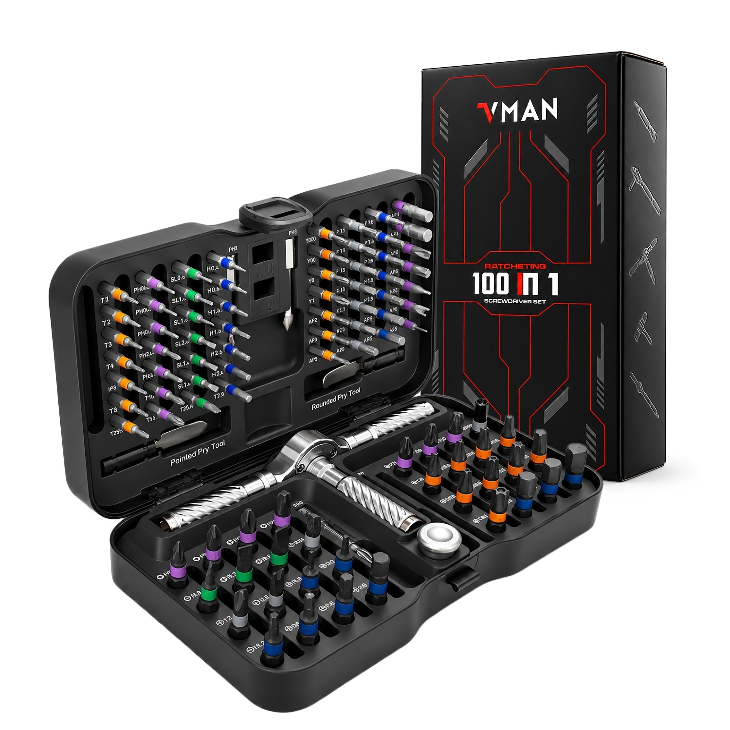 TEMU Jeu de tournevis à cliquet VMAN 40/66/100 en 1, jeux de tournevis magnétiques. Embouts en acier S2, combinaison de bricolage à arbre flexible,