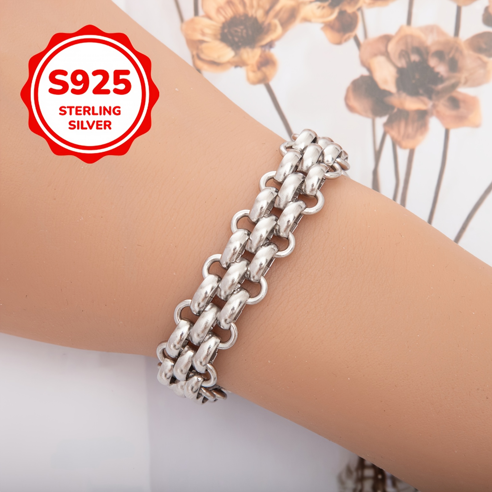 TEMU S925 Silver Wide Bracelet Unisex Trendy Cool All-match Glossy Chain Niche Hip-hop Style Jewelry