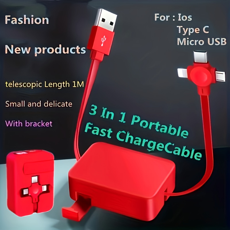 3 in 1 retractable multi function charging cable with usb connector fast charge data sync for smartphones details 0