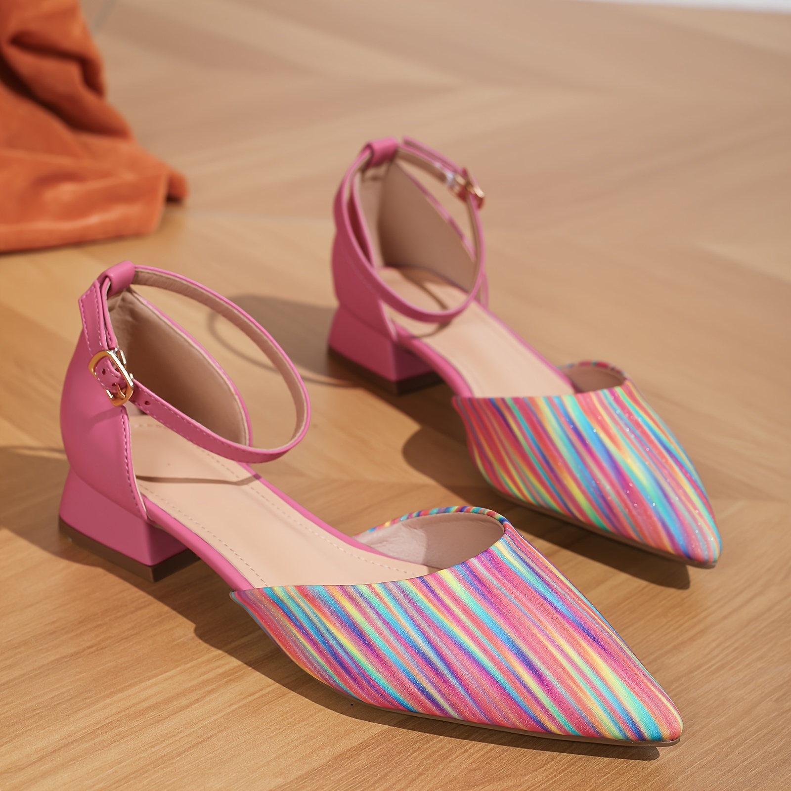 

Women's Colorful Striped Low Heeled Sandals, Stylish Pointed Toe Ankle Strap D'orsay Shoes, Elegant Dating Summer Sandals