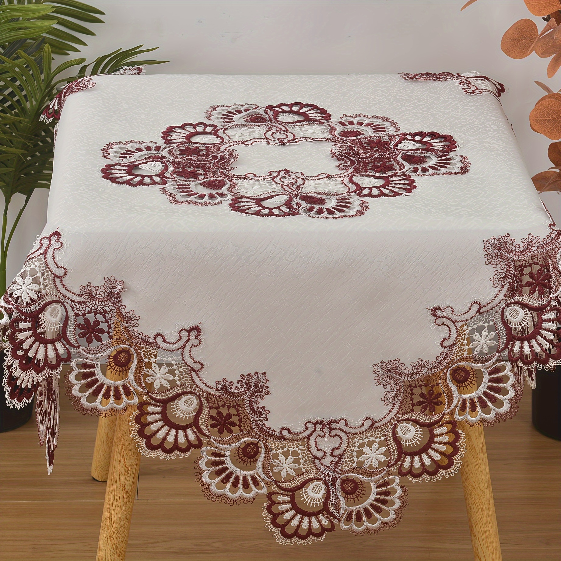 1pc Embroidered Lace Tablecloth, Modern Jacquard Design With Floral Patterns, 100% Polyester Square Table Cover For Dining Or Decor, Decor | Intricate Embroidery | Weaving , Fabric Tablecloth
