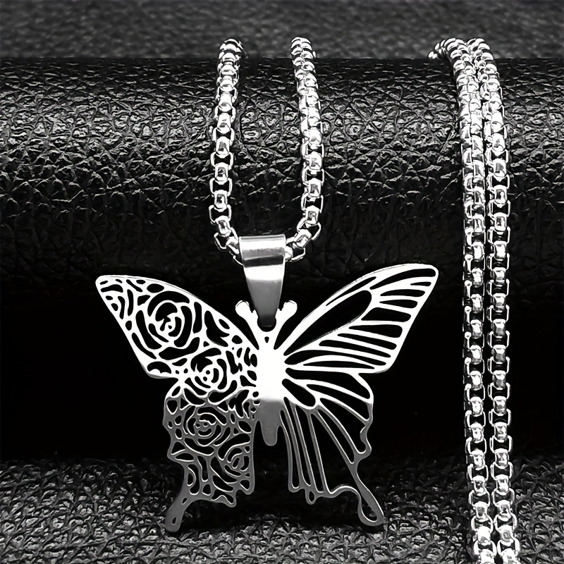 Image of Aesthetic Rose Flower Pendant Necklace Stainless Steel Golden Color Hollow Chain Jewelry N6121s01