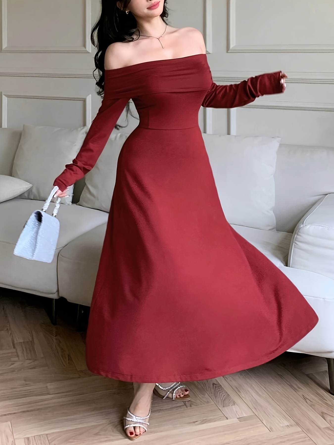 red long sleeve pencil dress Long Sleeve Dress Red Crew Neck Pencil Silhouette Minimalist Cocktail  Attire