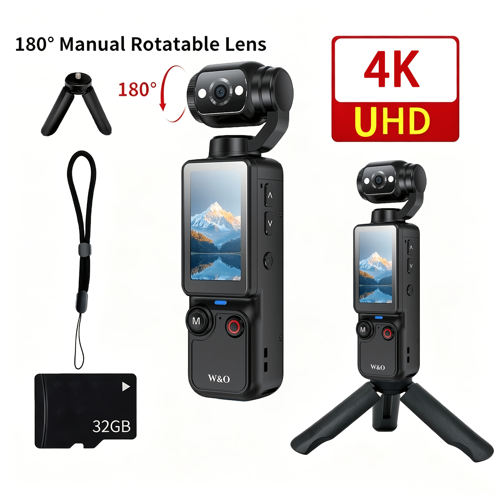 TEMU Cámara de bolsillo de grabación de video 4K - 100W Pixel, batería de 2000Mah, pantalla de 1.9 pulgadas de 180°, webcam, carga USB-C, tarjeta de