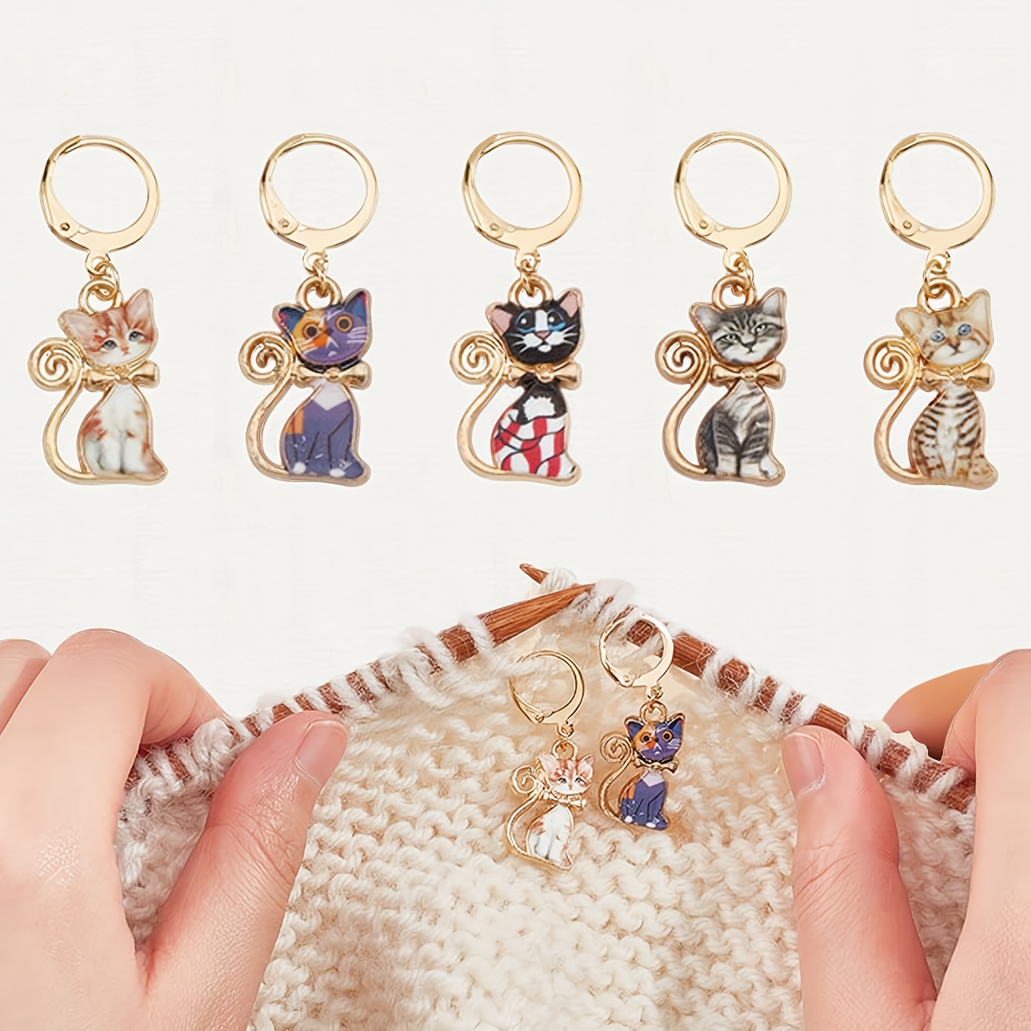 E-shop Bezaubernde Katzen-Stickmuster, 5 niedliche Katzen-Häkeldekorationen aus Legierungsemaille mit abnehmbaren, verschiebbaren Nähzubehör und