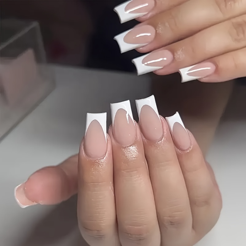 TEMU Look 24pcs Long Press-on Fake Nails Ballet Tips Minimalist With 1 Sheet Jelly Glue And 1 Nail File