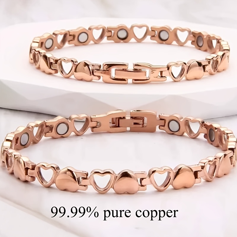TEMU 2pcs Heart-shaped Rose Golden Coated Magnetic Copper Bracelet Set, 99.99% Pure Copper, Nickel Free, Bohemian Retro, Ideal Gift, With Size