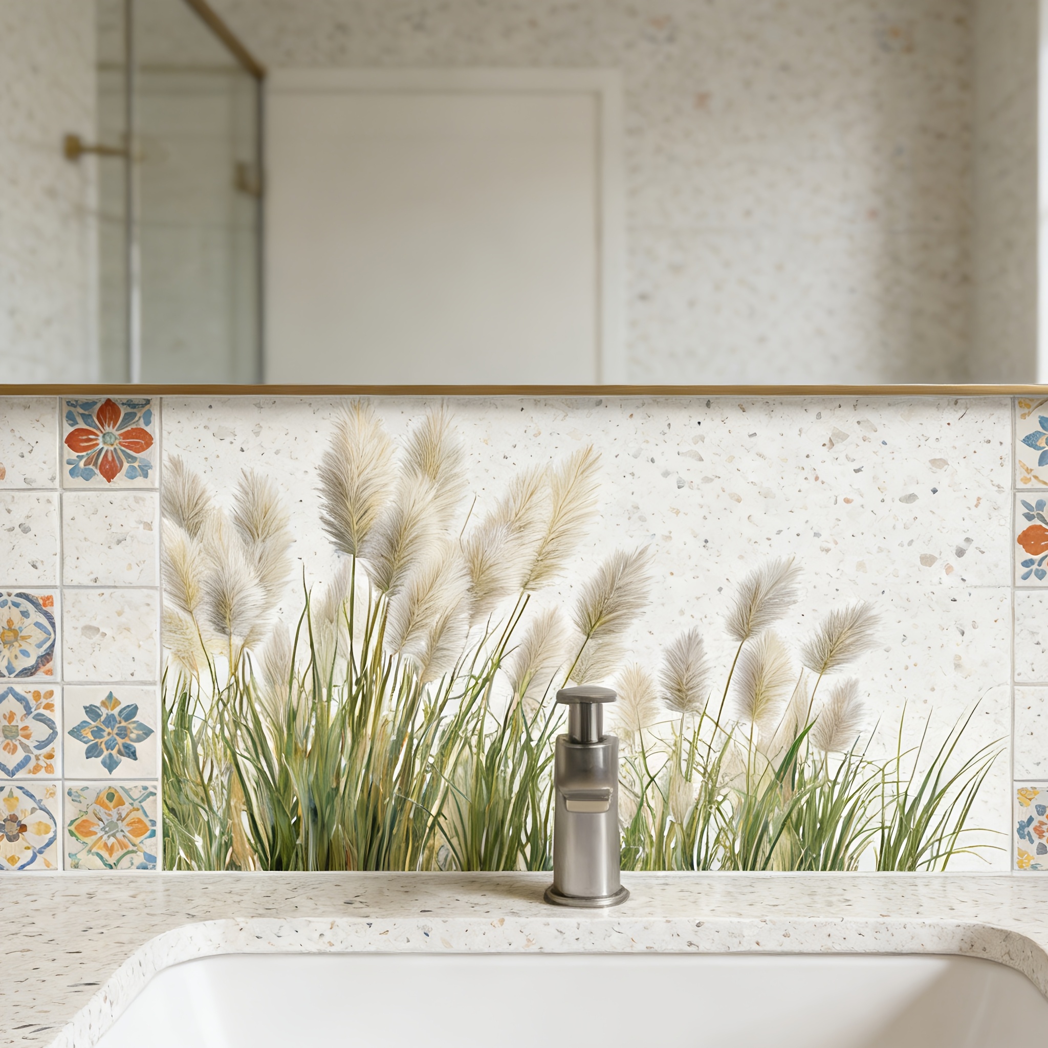 Image of 1pc Bohemian Reed Grass Wall Decal | Self-adhesive, Removable Vinyl Splash Guard And Wall Decor For Bathroom, Spring Theme, Semi-matte End