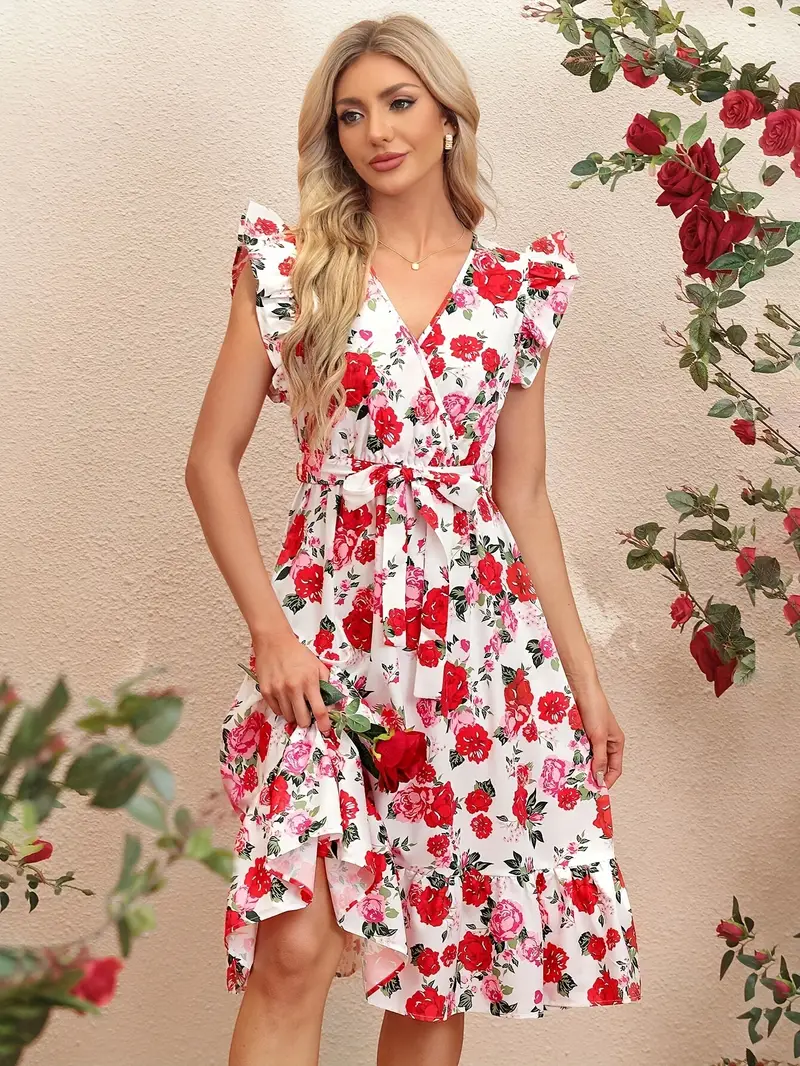 summer dress casual roses Ivory Midi Casual Summer Dress with Floral Print Ivory Floral / Small