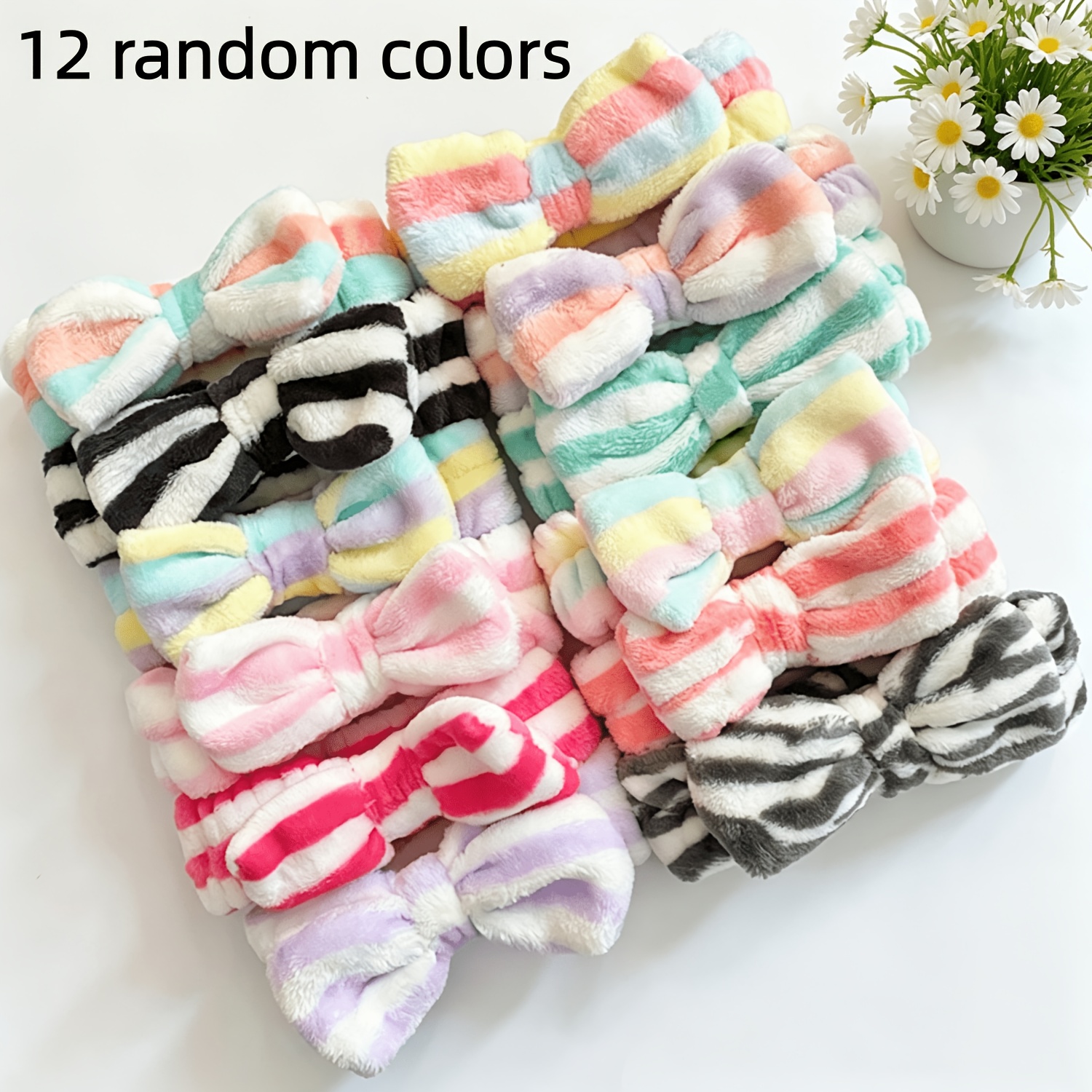 TEMU 12pcs Set Of Random Color Coral Bow Headbands For Women, Color-block Striped Face Mask/face Washing Hair Ties, Simple And Stylish Headbands,