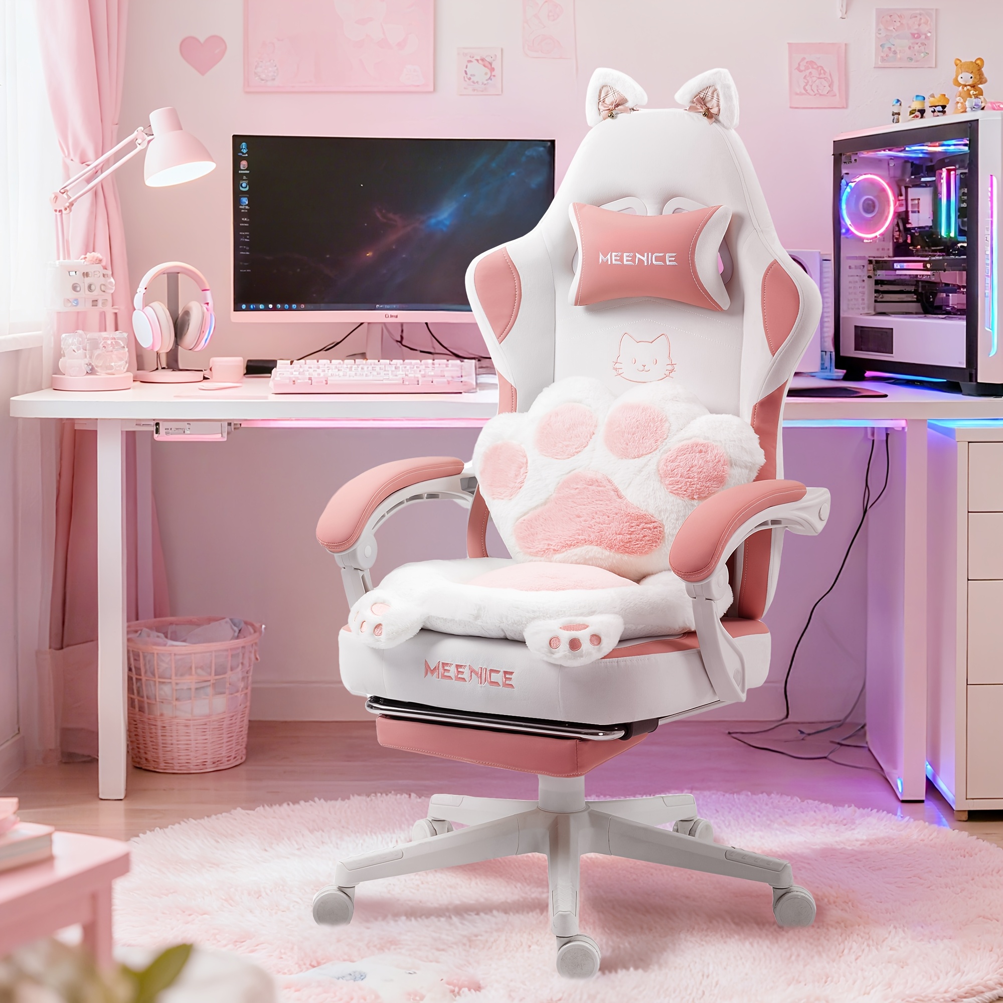 Image of Pink Gaming Chair W/cute Cat-ear Lumbar Pillow & Adjustable Footrest - Ergonomic Chair For Girls/adults, 300lbs Capacity, Soft Gaming Chair With Kawaii Cat Paw Design, !