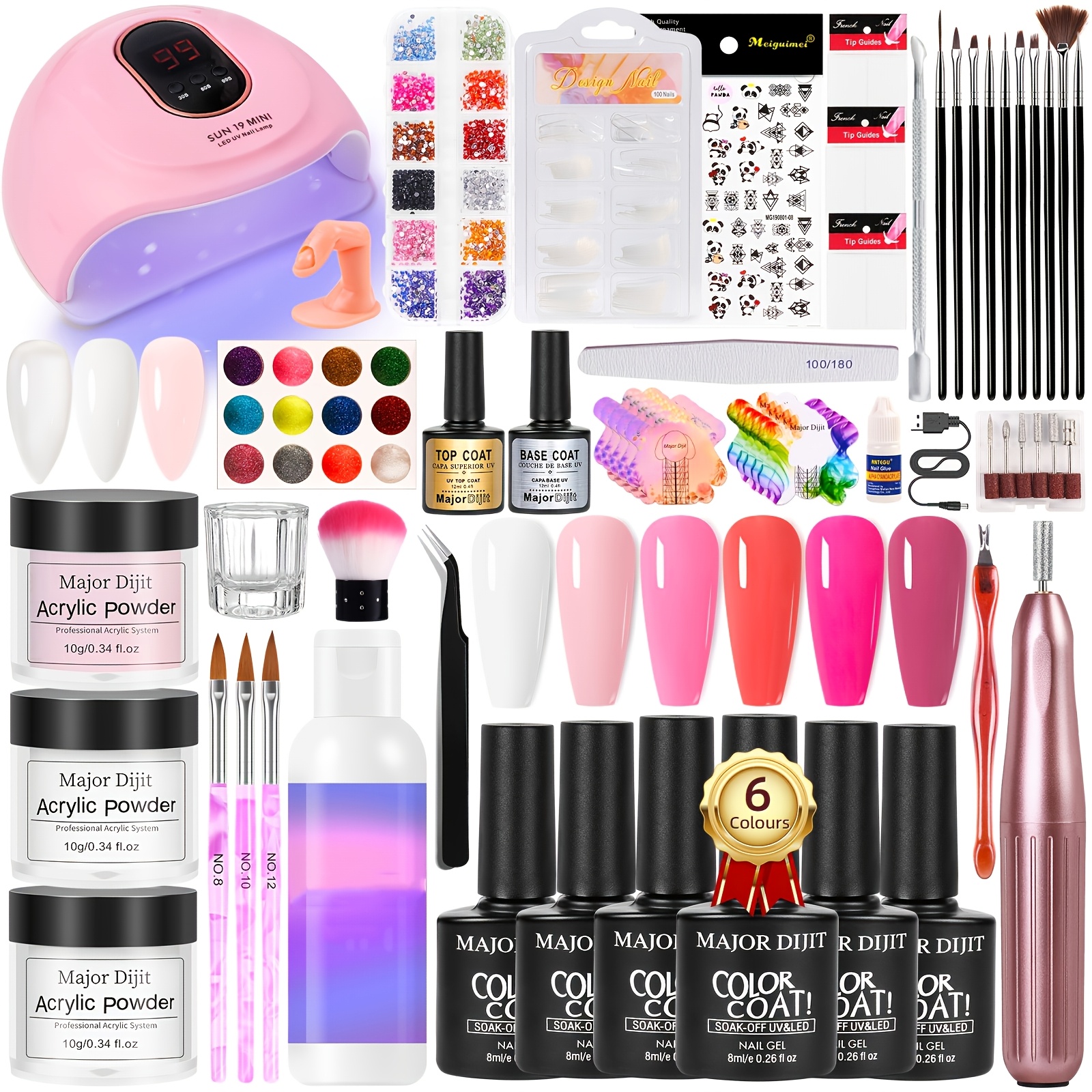 Major Acrylic Nail Set With Nail Grinder - Complete Starter Kit For Beginners White Pink Clear Acrylic Powder, 6 Gel Paints Led Lamp, Nail Art Decorations Professional Tools