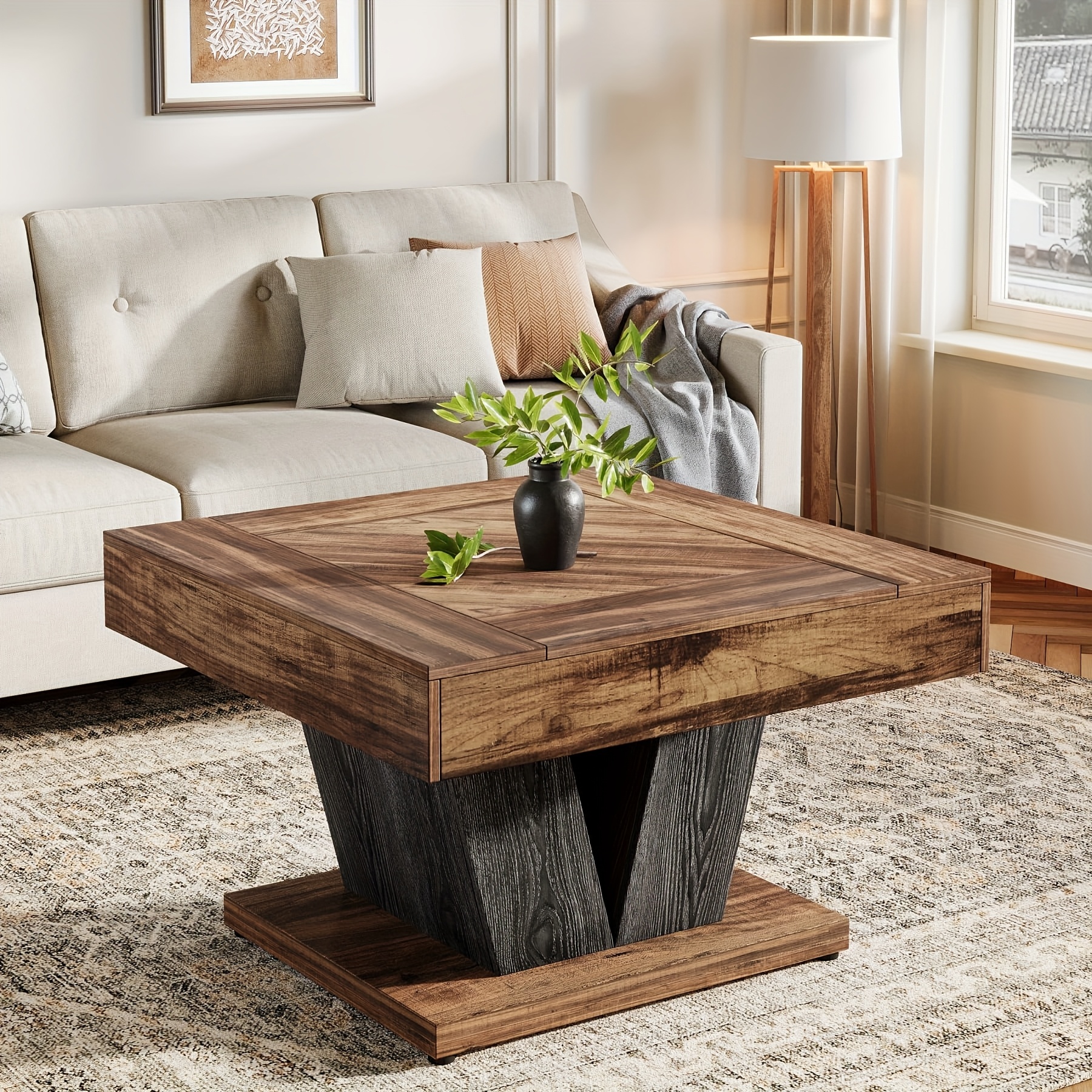 E-shop 31,5" moderner quadratischer Couchtisch, Holz-Cocktail-Akzenttisch als Mittelstück für Wohnzimmer (Rustikales & Schwarz)