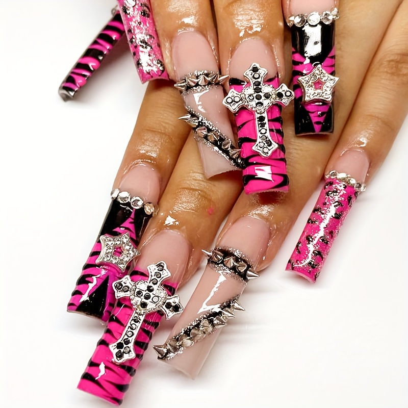 Image of Punk Nails, 24pcs Pink Long Square Press On Nails, Red With Zebra Print And 3d Stud Cross Rhinestone Accents, Glossy Full-coverage Punk-style 3d Fake Nails, Designed For Women And.
