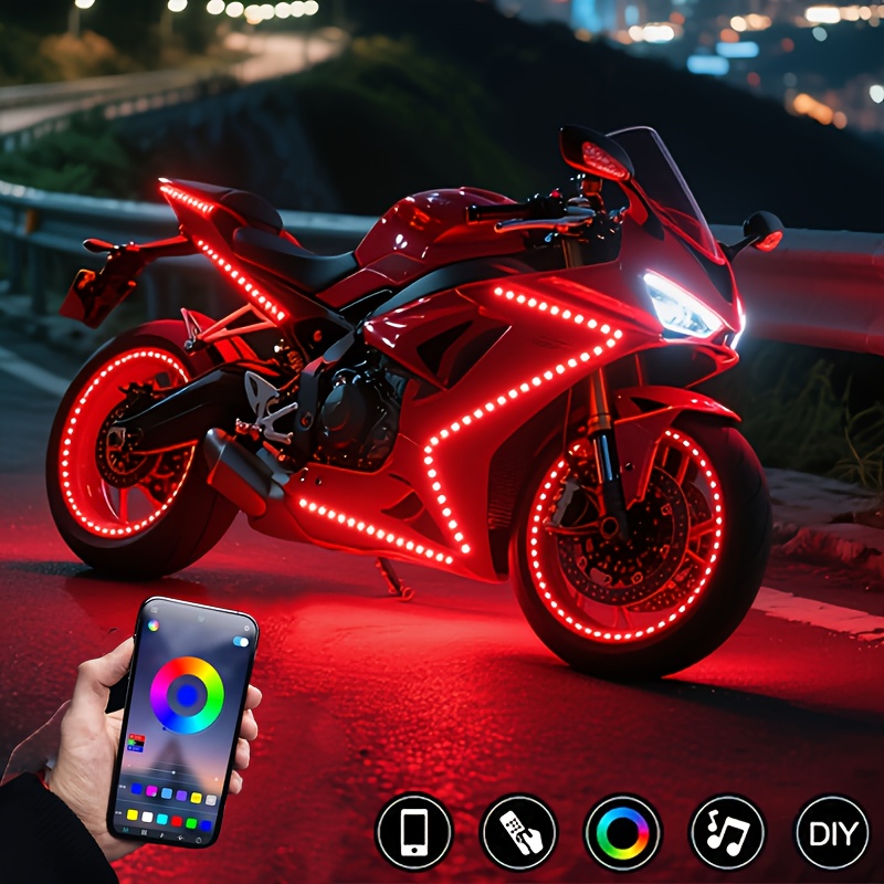 TEMU 6 Sets Of Rgb Kits, With An App For Music Control, Designed For Motorcycle Decorative Light Strips, Flexible , Ideal For Motorcycles, Used To Create Ambient Lighting Effects, Without Battery