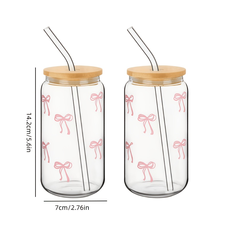 TEMU 2pcs High Borosilicate Glass Coffee Cups, Bowtie-print Design, Flat Bowtie Straws, (cup + Straw + Lid) Set, Dishwasher And Microwave Safe,