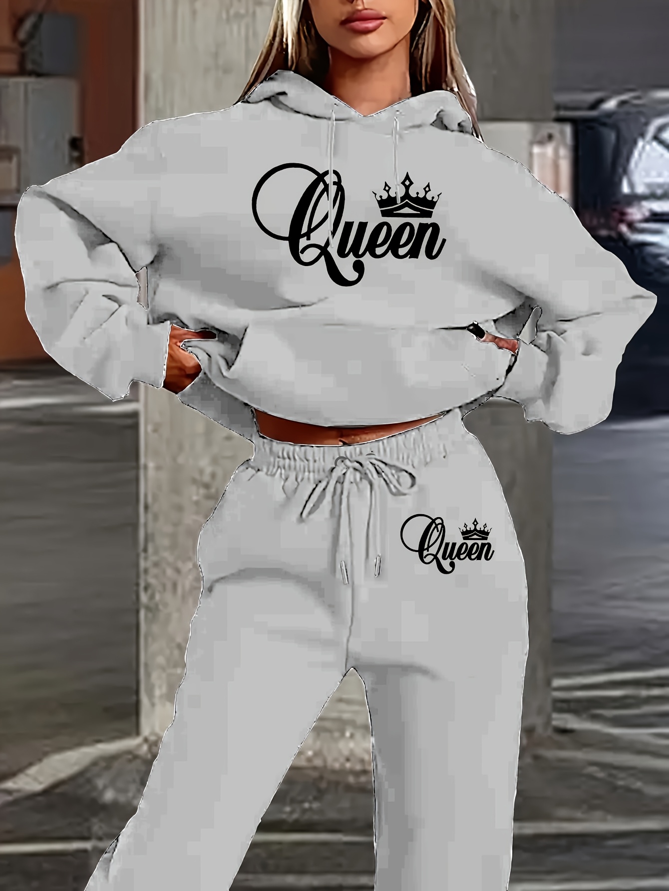 damen freizeit set buchstaben druck hoodie hose gemütliches Temu