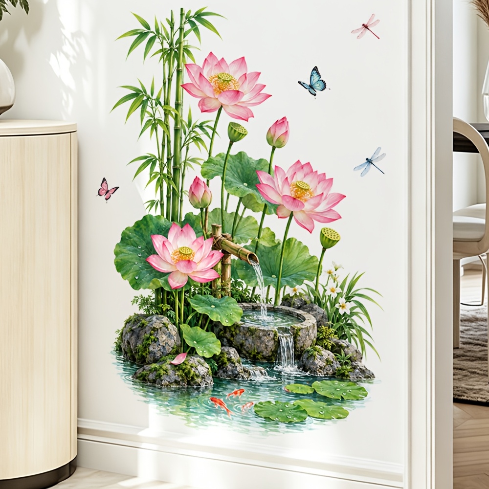 TEMU 1pc, For Lotus Pond Bamboo Wall Sticker, Koi Fish, , Colorful , Self-adhesive Decal For Living Room And Entryway, New Chinese Style Wall Decor