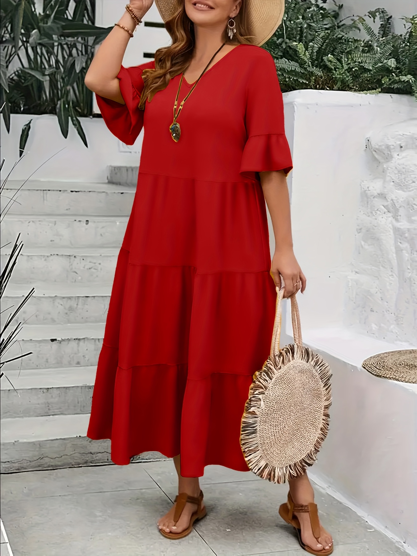 plus size plus size solid color layered dress casual v neck - Temu Greece