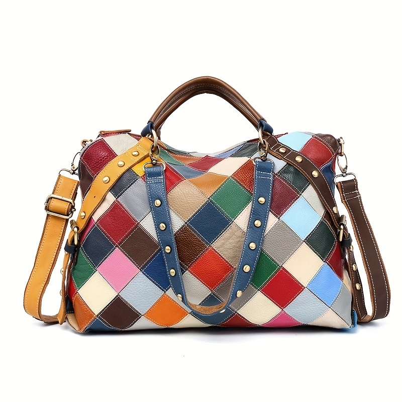 

Large Capacity Color Block Plaid Tote Bag, Luxury Genuine Leather Handbag, Women's Large Capacity Shoulder Bag