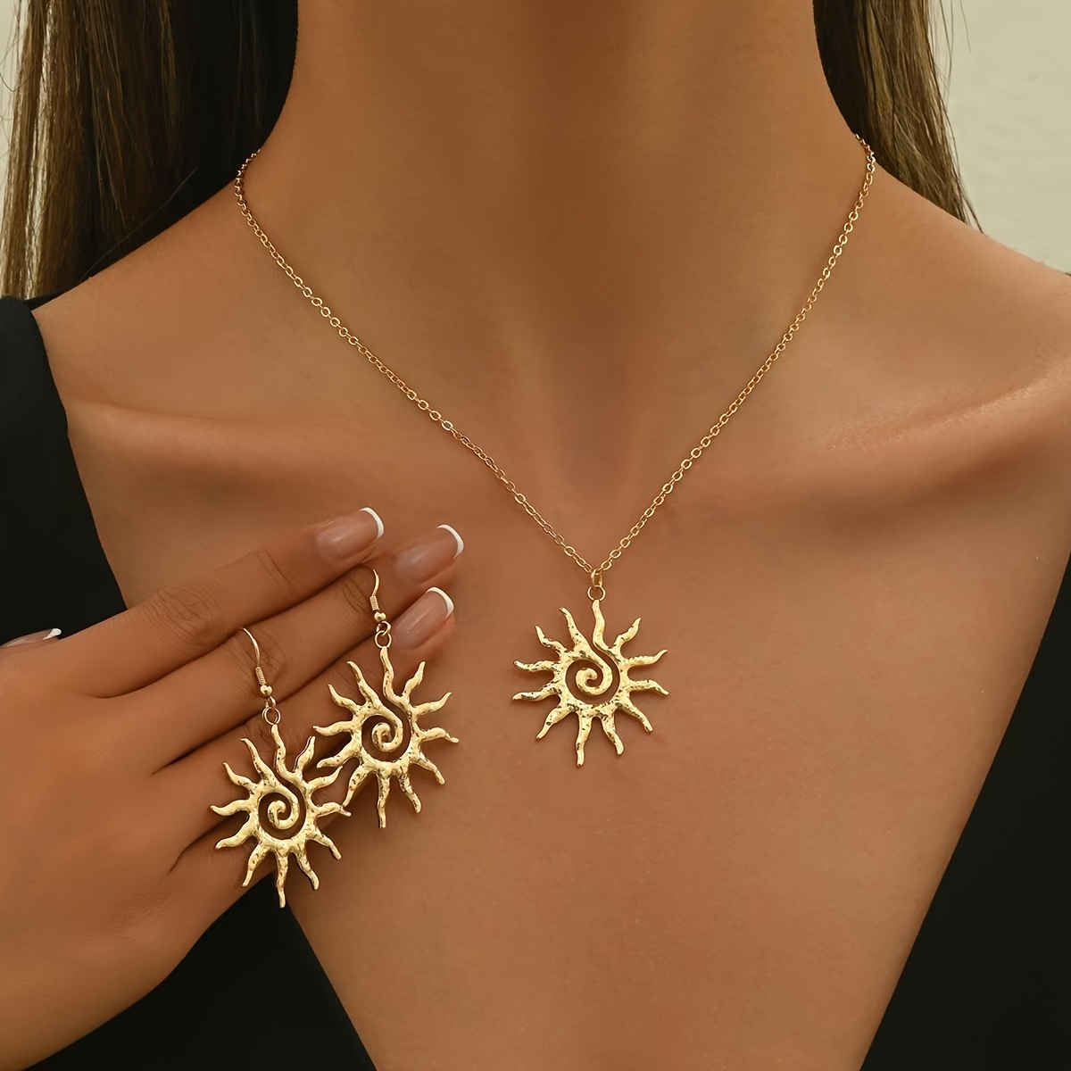 

3pcs Trendy Golden- Jewelry Set - Unique Rotating Necklace & Earrings, Alloy, Or Gifting, Vintage Jewelry