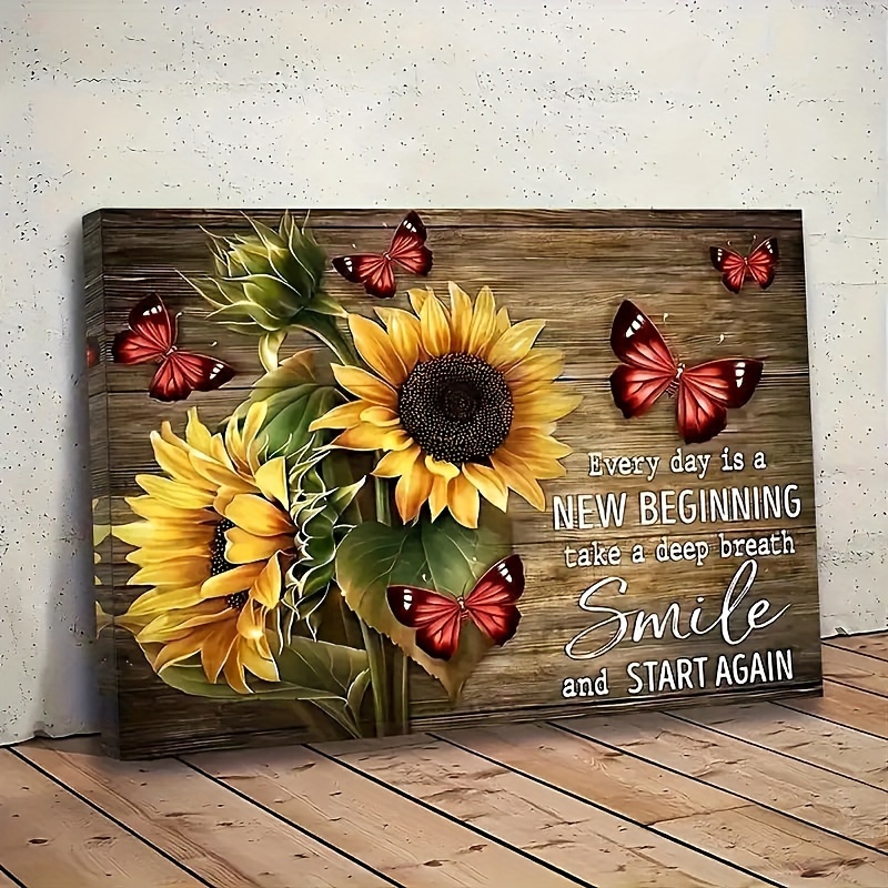 

1pc Wooden Canvas Painting Sunflower Inspirational Butterflies Paintings Prints For Home Decoration, Living Room & Bedroom, Decor, Festival Party Decor, 3 Specifications