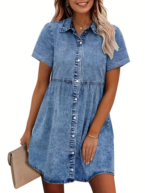 플레인 워시 블루 버튼업 쇼트 슬리브 티어드 레이어드 러플 데님 드레스, 여성 데님 청바지 및 의류