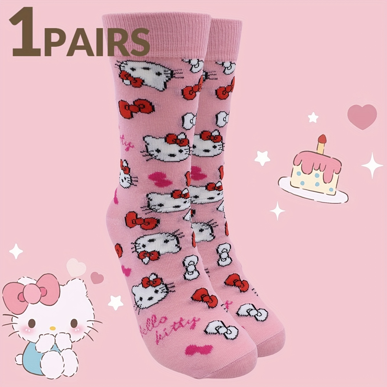 

1 Pair Sanrio Hello Kitty Long Socks - Pink With Cartoon Design, Breathable & Comfortable Polyester , Ideal For Teens - Gift For