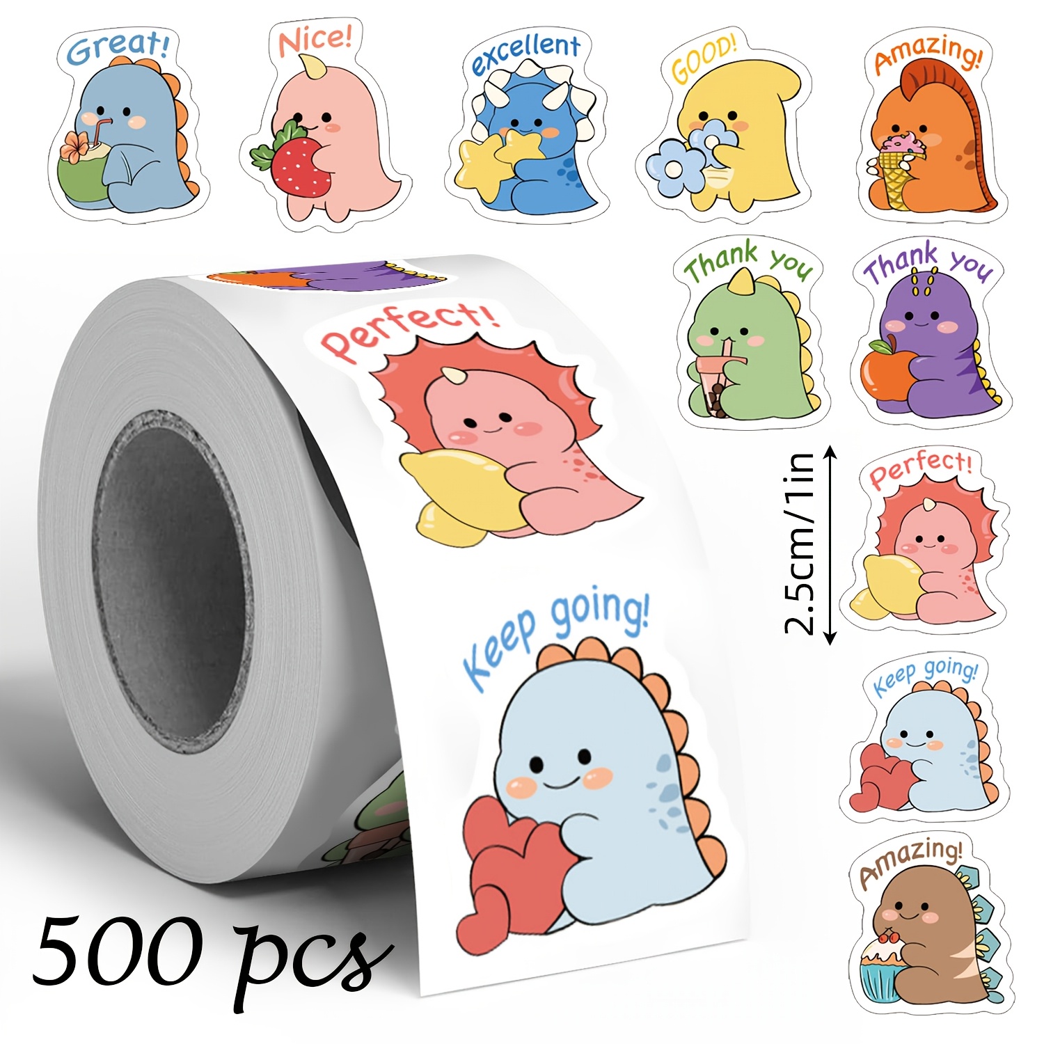 TEMU 500pcs Cute Dinosaur English Encouragement Doodle Roll Stickers, 1-inch Irregular 10-pattern Sealing Label Stickers, Office Stationery Stickers,