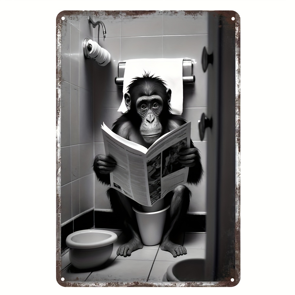 

Funny Gorilla Bathroom Tin Sign, Wall Art, Monkey Reading Newspapers On Toilet Pictures Poster Prints, Black And White Animal Modern Farmhouse Wall Decor Tin Sign, 20 X 30 Cm (7.87 X 11.81 Inches)