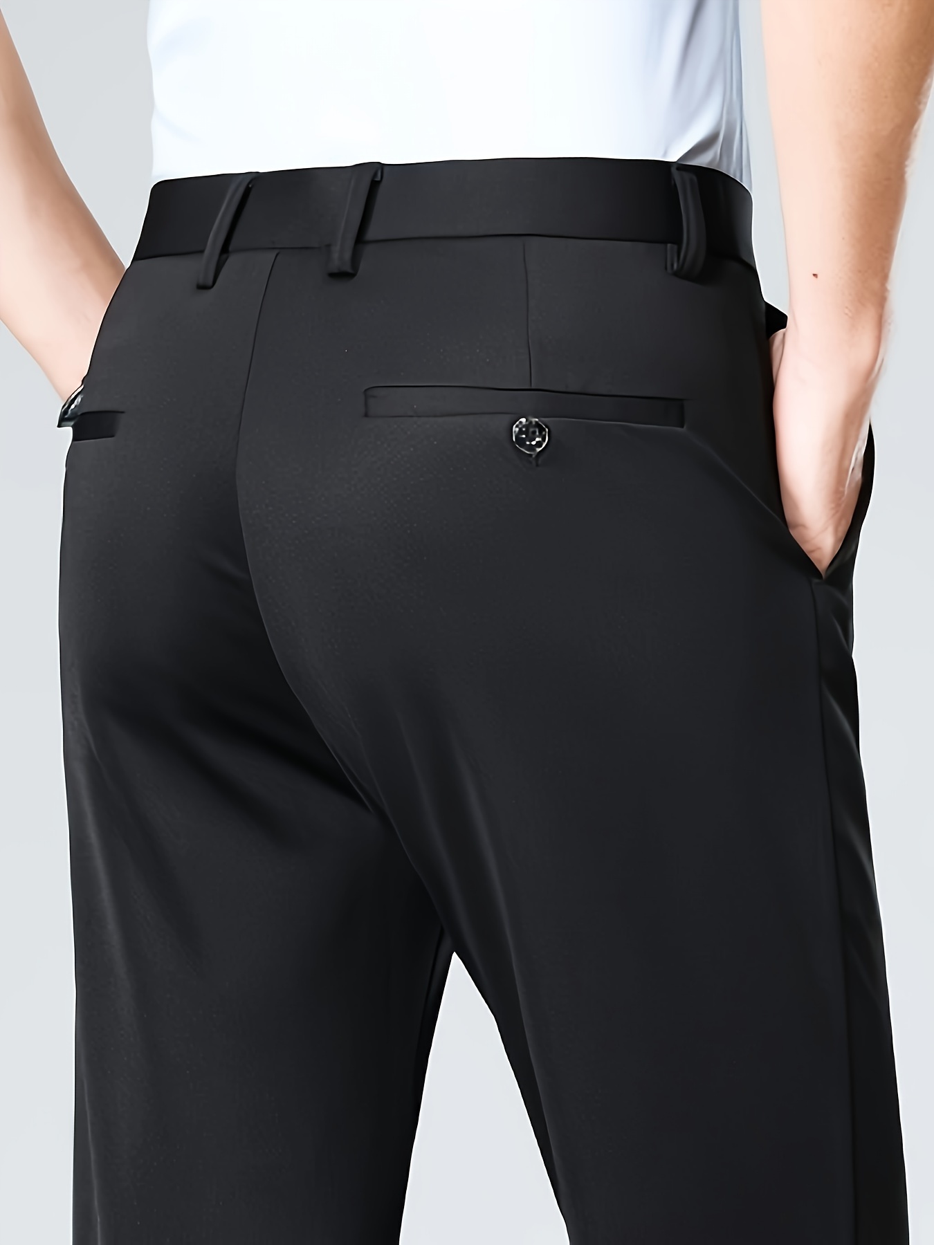 Men'S Relaxed Fit, Navy Blue Dress Pants - Stretchy Spandex Blend, Button-Fly, Mid-Rise, All-Season Workwear, Office Attire|Relaxed Fit Pants|Stylish Waistband
