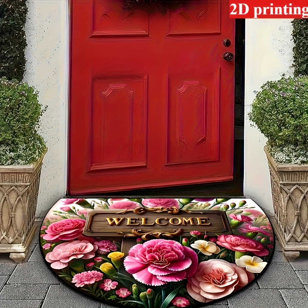 TEMU 1pc Floral Welcome Semi-circular Door Mat - Durable, Washable, With Non-slip Backing, Perfect For Kitchen, Living Room, Bedroom - Fashionable