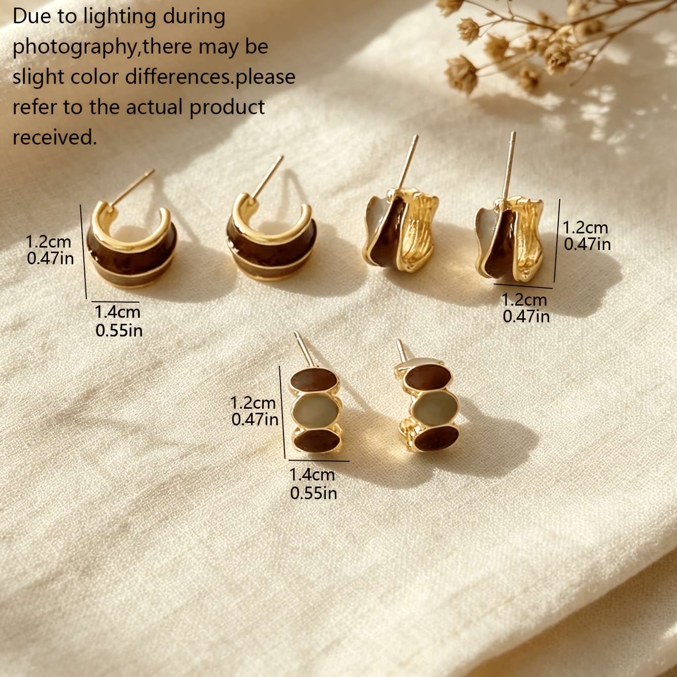3 Pairs Coffee-Colored Geometric Dripping C-Shaped Earrings