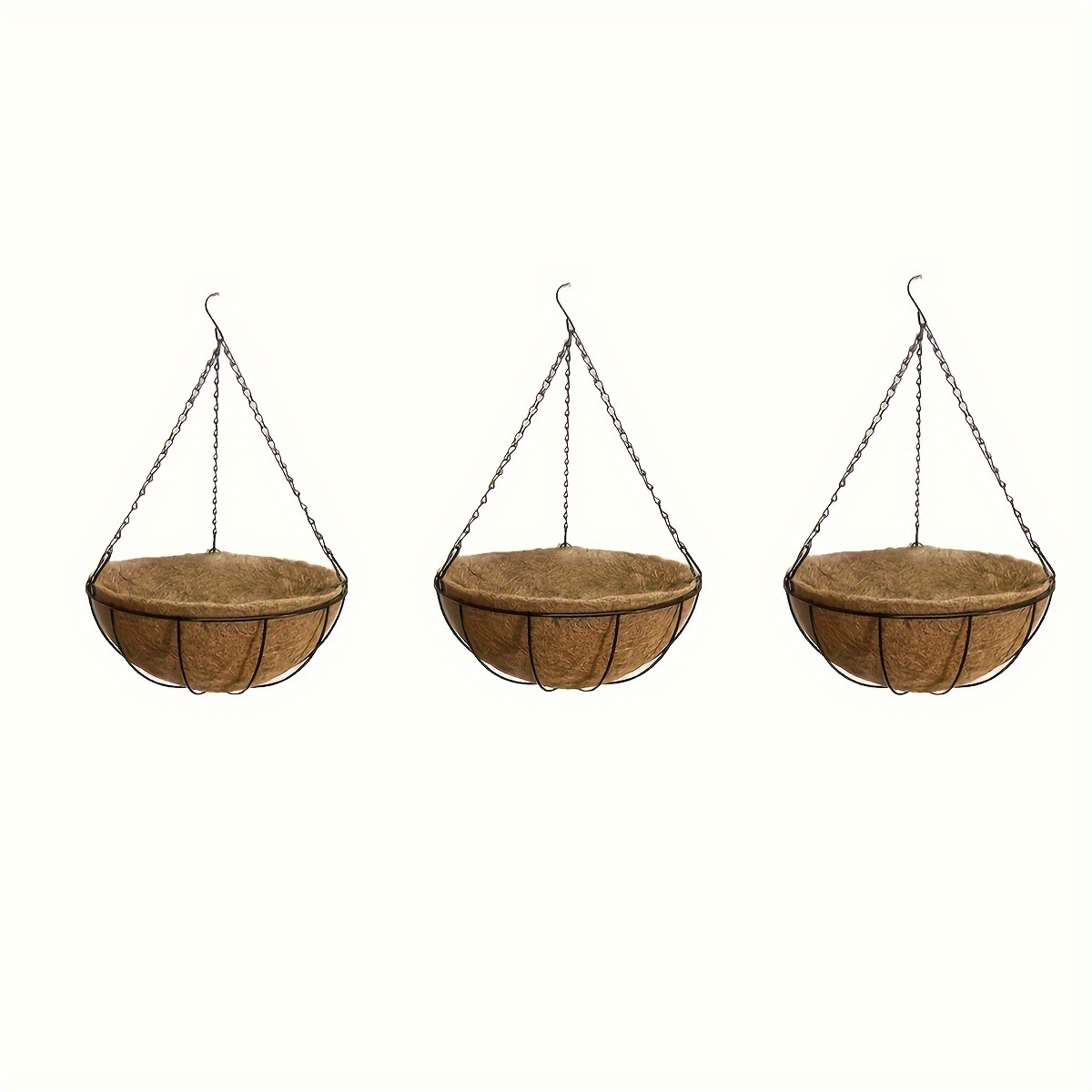 

3pcs Vintage Iron Hanging Planter Baskets With S-hook Chains, Handmade Plant Hanger, Coir Garden Hanging Pots, Coconut Brown Metal Wall Hanging Hooks For Indoor Outdoor Décor, 10x5 Inches