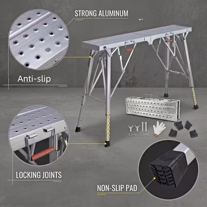 portable foldable workbench with adjustable height wide base scaffolding work platform heavy duty foldable railing suitable for home renovation rv cleaning window washing ideal for outdoor use with free gifts workbench Product details 8