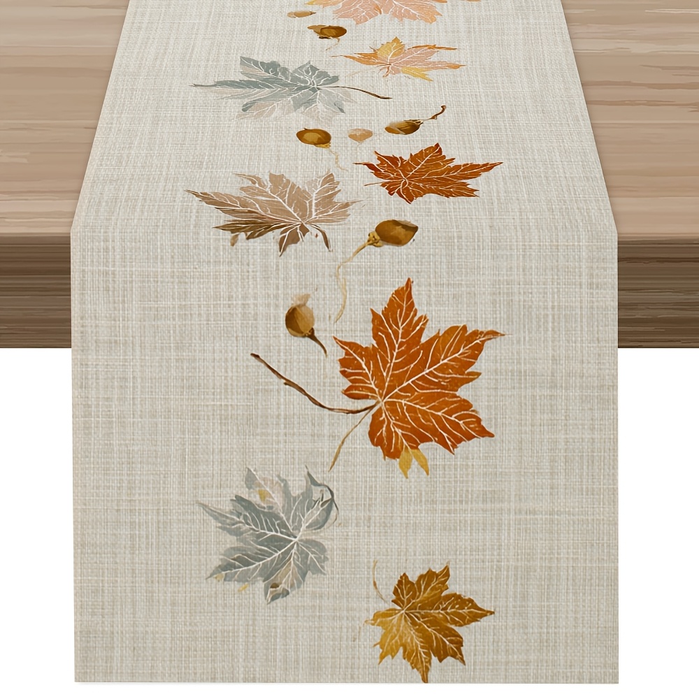 TEMU 1pc, Fine Branch And Small Maple Leaf Table Runner, Bohemian Style, Autumn Table Runner, Printed Polyester Table Runner, For Kitchen And Home,