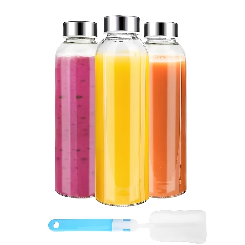 TEMU 18oz Clear Glass Bottles, Reusable Glass Water Glasses With Stainless Steel Lids, Suitable For Juicing, Refrigerated, 100% Leak-proof, Pack Of 3