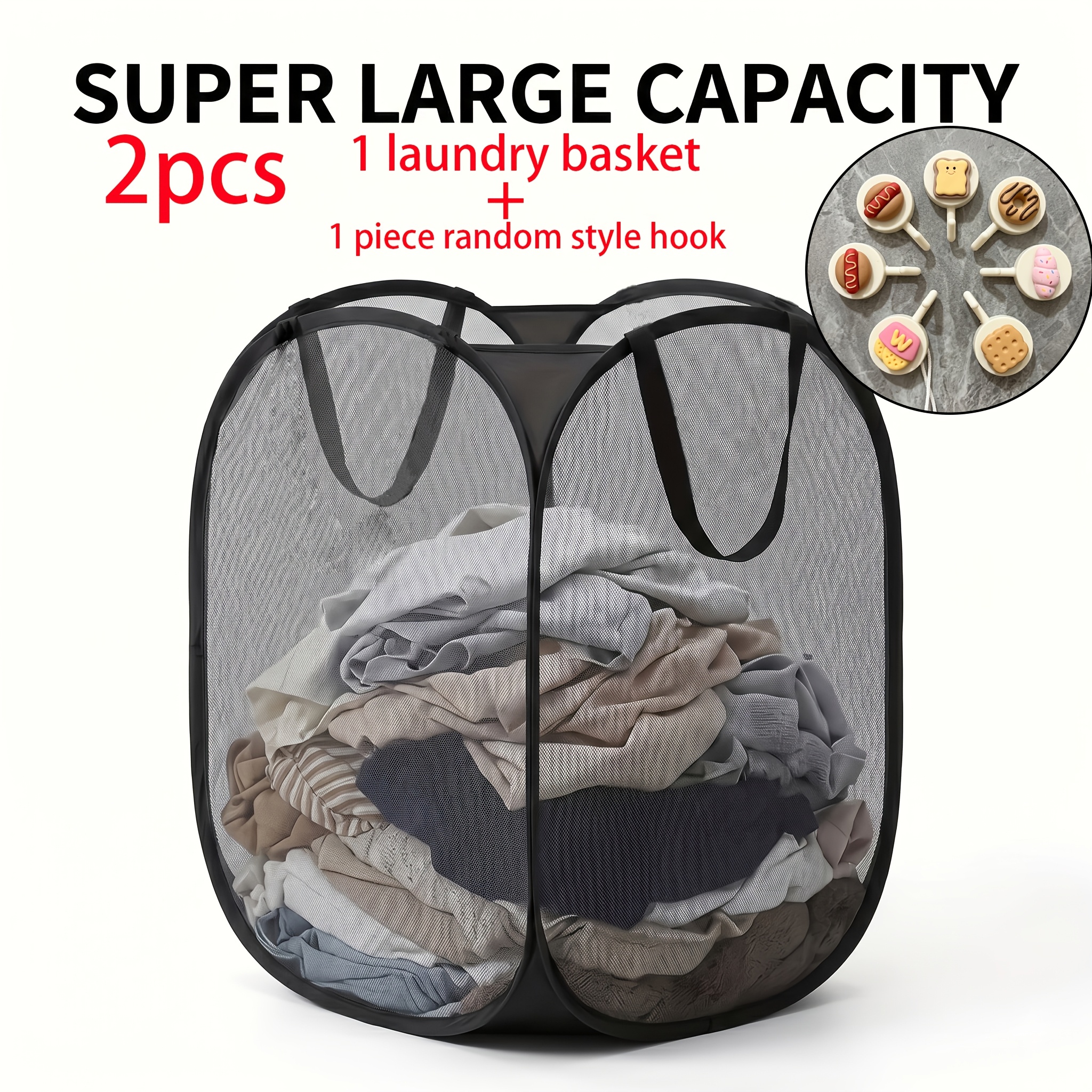 TEMU 2pcs Set (1pc Laundry Basket And 1pc Random Style Hook) Laundry Baskets, Shelf Baskets Modern Foldable Large Mesh Dirty Laundry Basket And Hook