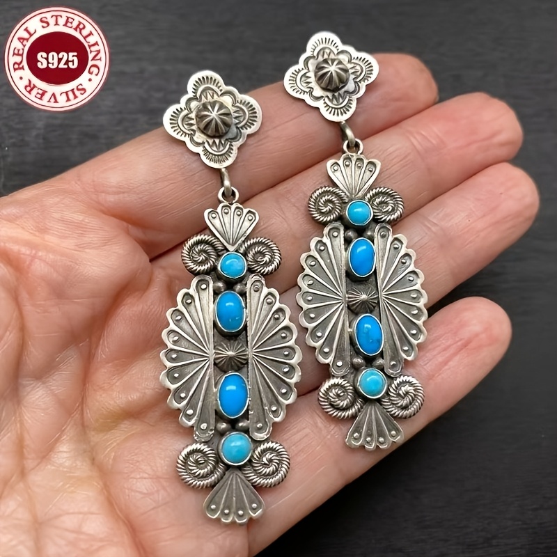 925 Silver Style Inlaid Synthetic Turquoise Earrings | Perfect Christmas And Birthday Gift For Yourself And Best Friend, Ideal For Daily And Vacation Wear