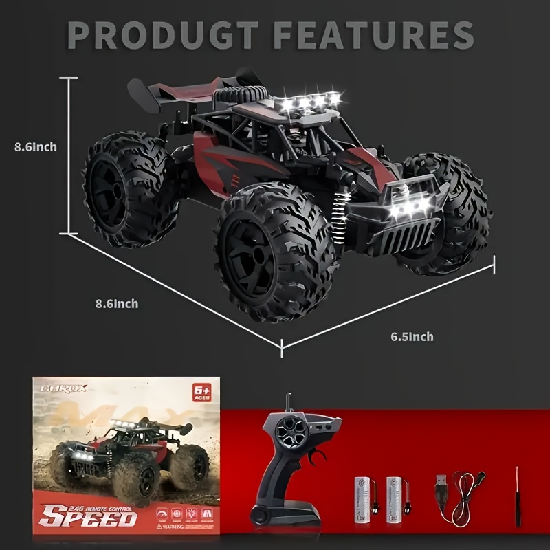 All-terrain Monster Truck, A Remote-controlled All-terrain Vehicle, Is Equipped with Two Rechargeable Batteries And Colorful Lights, And Can Reach A Speed Of 30 Kilometers Per Hour., Best for Christmas