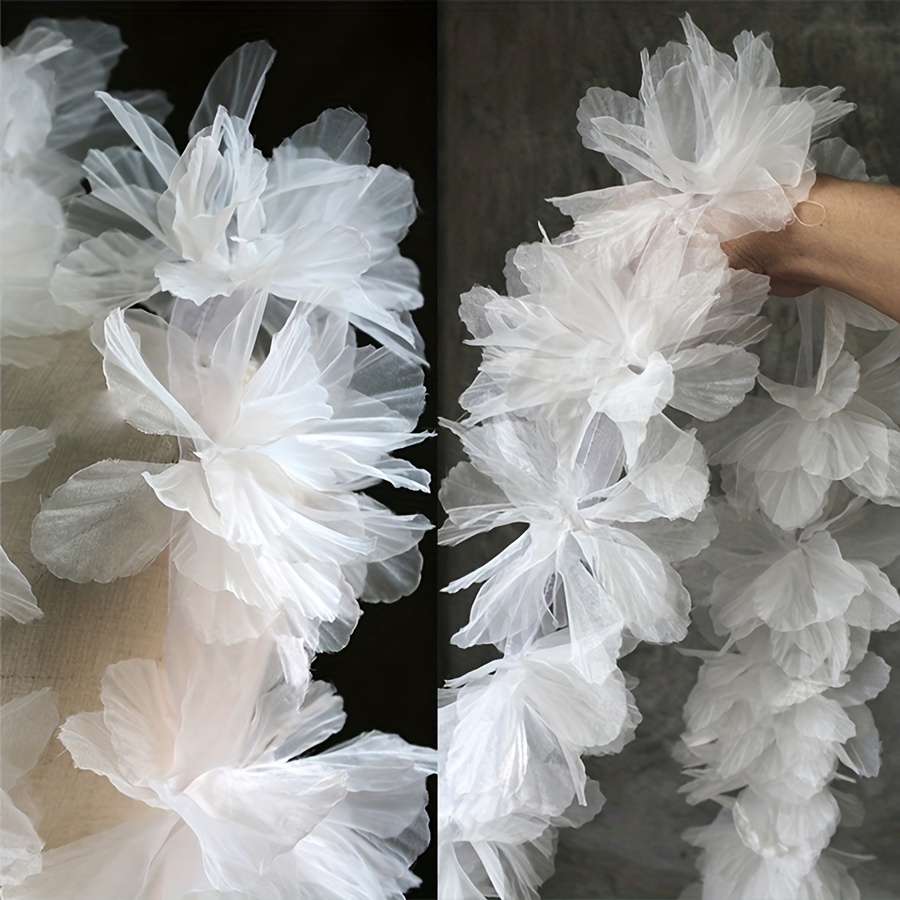 5pcs White Organza Floral 3d Lace Appliqués For Clothing, Bags, And Home Decor