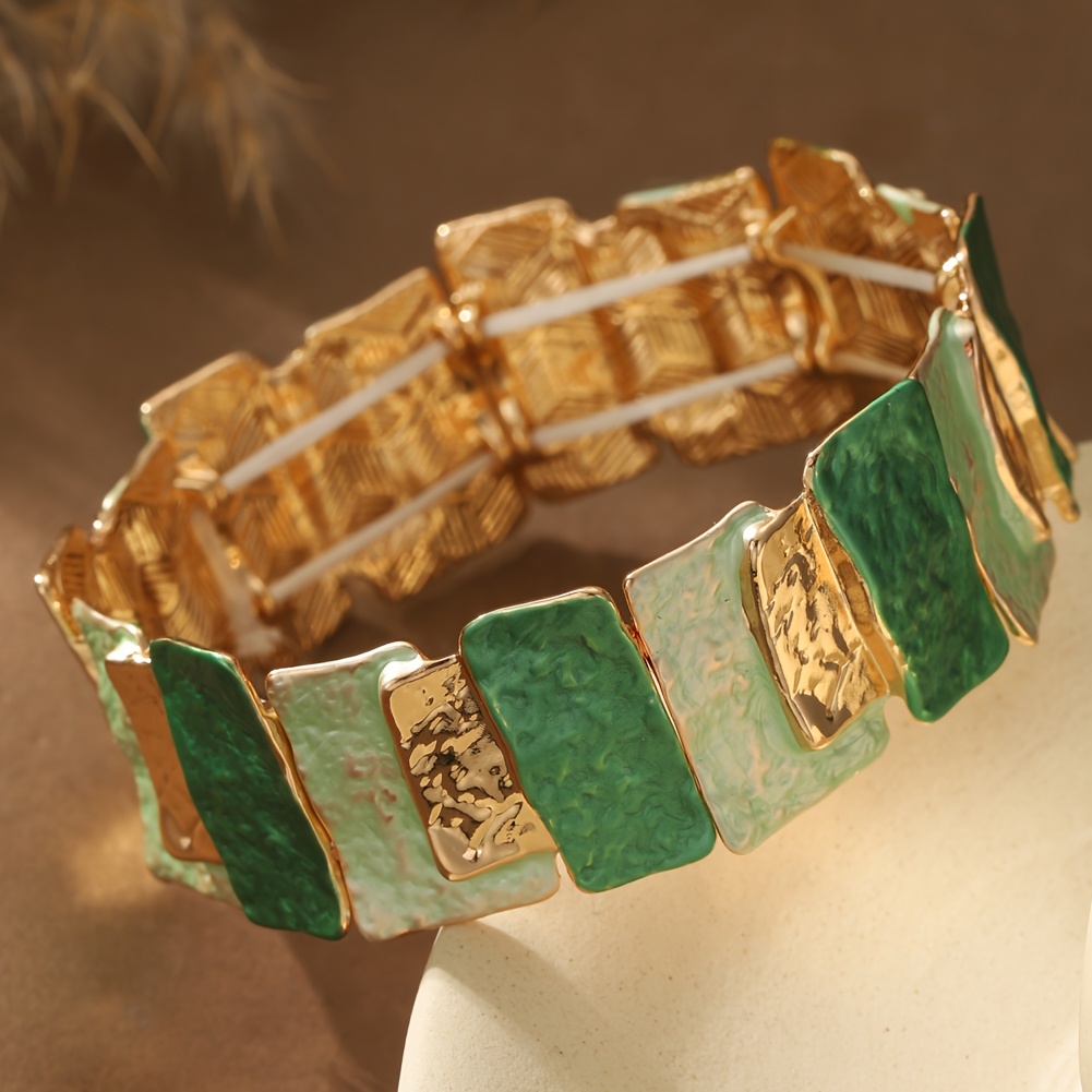 Image of A Bracelet Alloy Oil Drip Enamel Color Geometric Square Splicing Design High-end Art Design Bracelet Ladies Ins Cold Style Personality Elegant Temperament Elastic Bracelet Hand Accessories