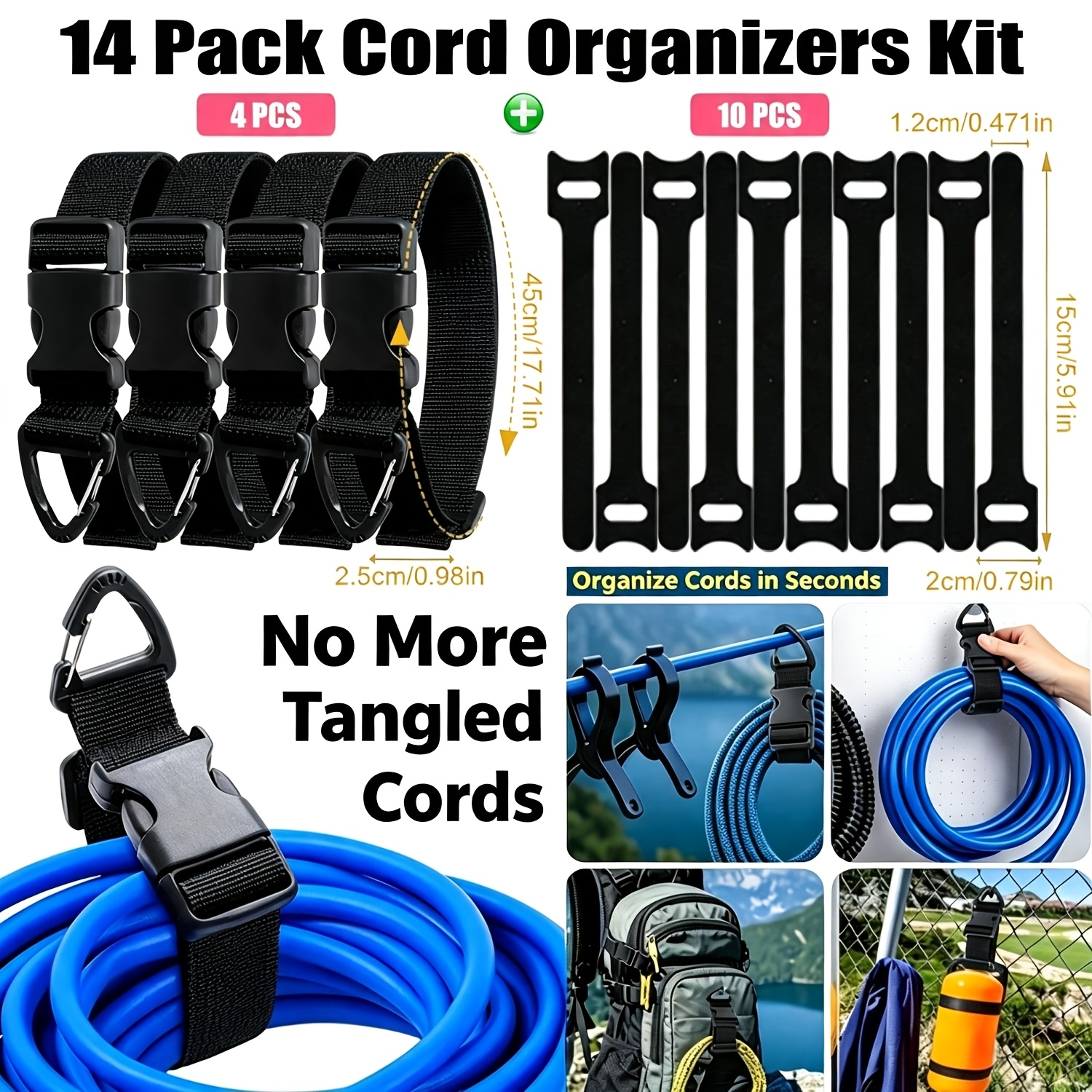 TEMU 4-pack Heavy-duty Adjustable Extension Straps And 10pcs Cable Ties Kit, & Release Cable Storage Straps And Reusable Magic Cable Ties,
