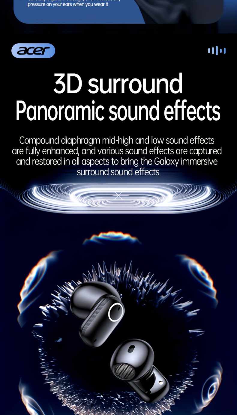 ACER TWS Wireless Earbuds with Deep Noise Reduction - 50h Long Standby, Low Latency, HIFI Stereo Sound, Touch Control, Rechargeable Lithium Battery, Ideal for Running & Sports, Sports Headphones|Ergonomic Design|Durable Plastic