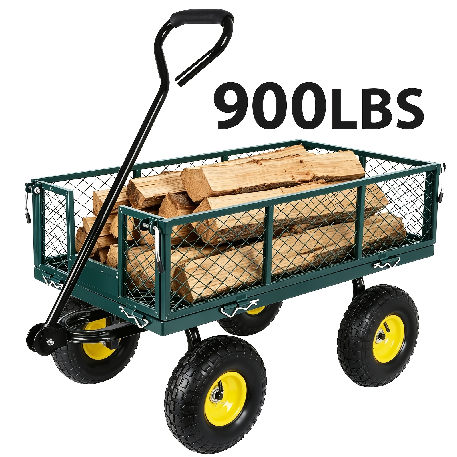 Heavy Duty Convertible Steel Mesh Garden Wagon Cart, 900 Lbs Capacity Utility Yard Trolley With 10" All Terrain Wheels, 180° Adjustable Ergonomic Pull Handle For Lawn, Farm & Outdoor Transportation