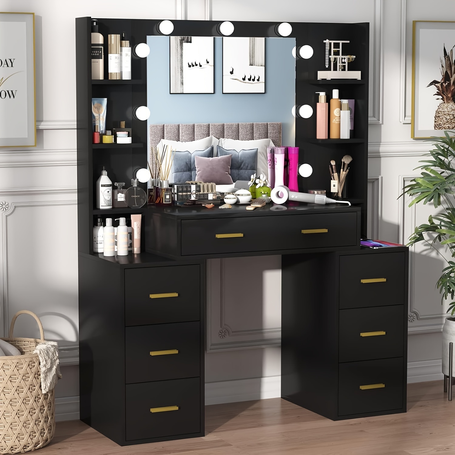 TEMU Lighted Dressing Table With Charging Station, With 8 Drawers, Large Storage Space, 3 Light Colors, Large Size 43.3 Inch (white\black)