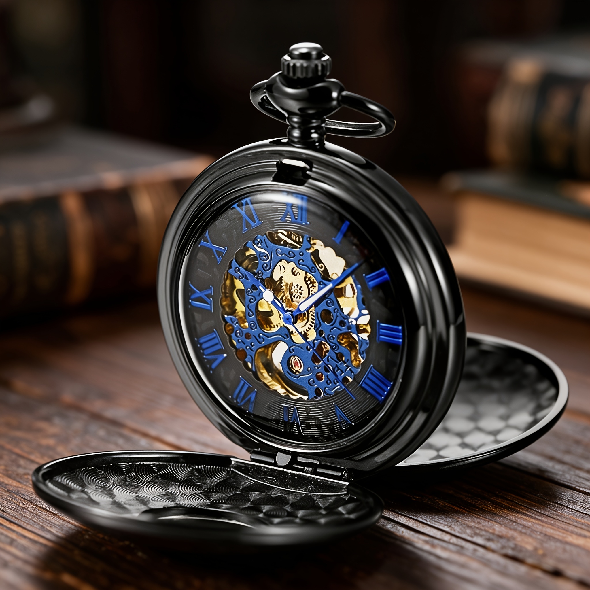 Image of 1pc Black Golden Mechanical Pocket Watch With Dial Blue Colors Give A Black Pendant Necklace Suitable For Men And Women Fashion Accessories Used To Give Gifts Or Holidays